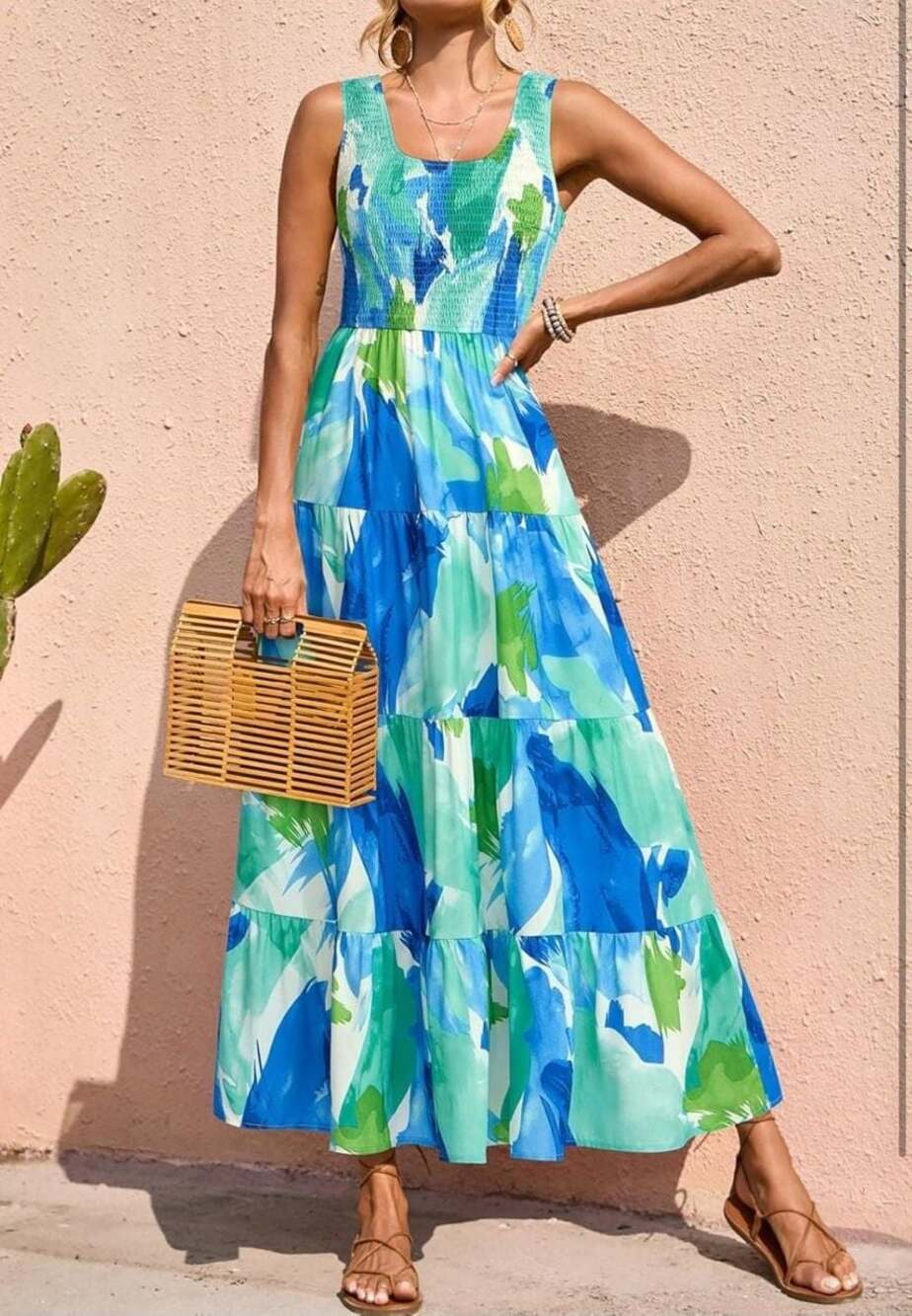 Blue and Green Abstract Print Smocked Tiered Maxi 2026 Dress Sz M